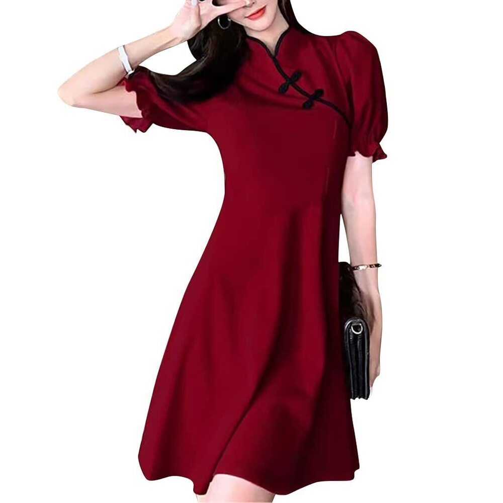3088 Puff Sleeve Modern Qipao A-line Chinese Cheongsam Style Mandarin Frog